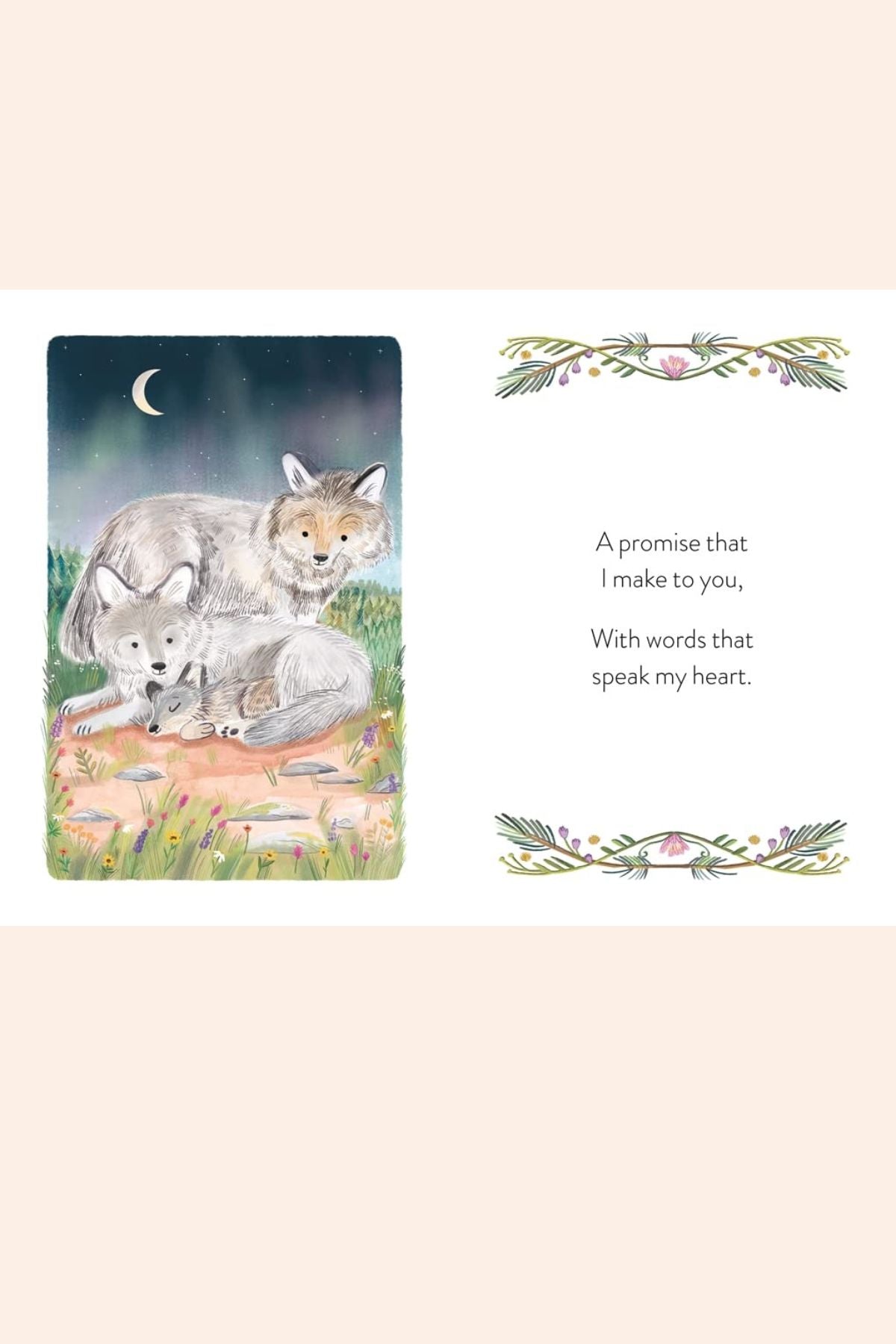 Bedtime Book for Bump - Strawberries & Cream - Ingrid Lewis - Designer 
Illustration of two foxes with a moonlit sky and nature elements.