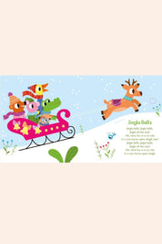 Listen to the Christmas Songs (Sound Book) - Strawberries & Cream -Ingrid Lewis - Designer 
Illustration of animals on a sleigh with a reindeer, set against a snowy landscape.
