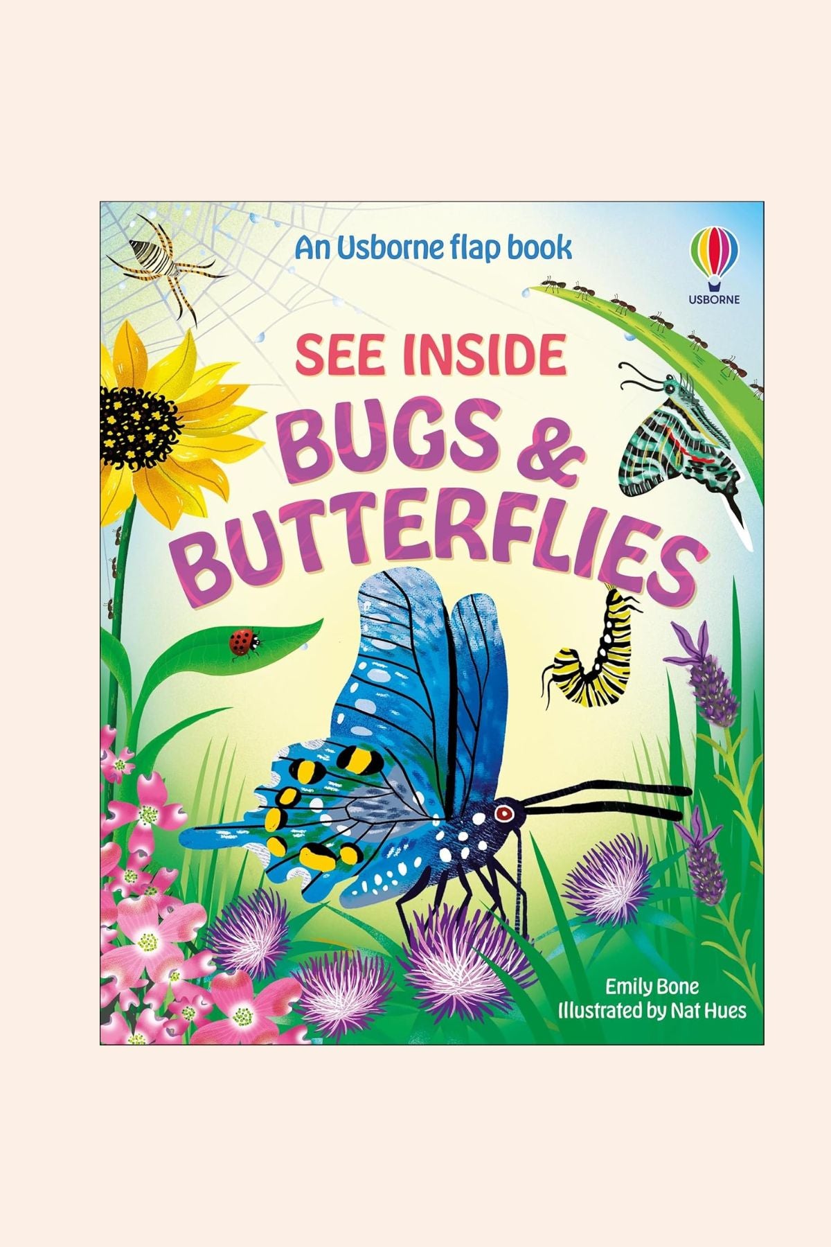 See Inside Bug & Butterflies - Strawberries & Cream - Ingrid Lewis - Designer
Book cover of 'Bugs & Butterflies' with colourful illustrations of a butterfly, caterpillar, and flowers.