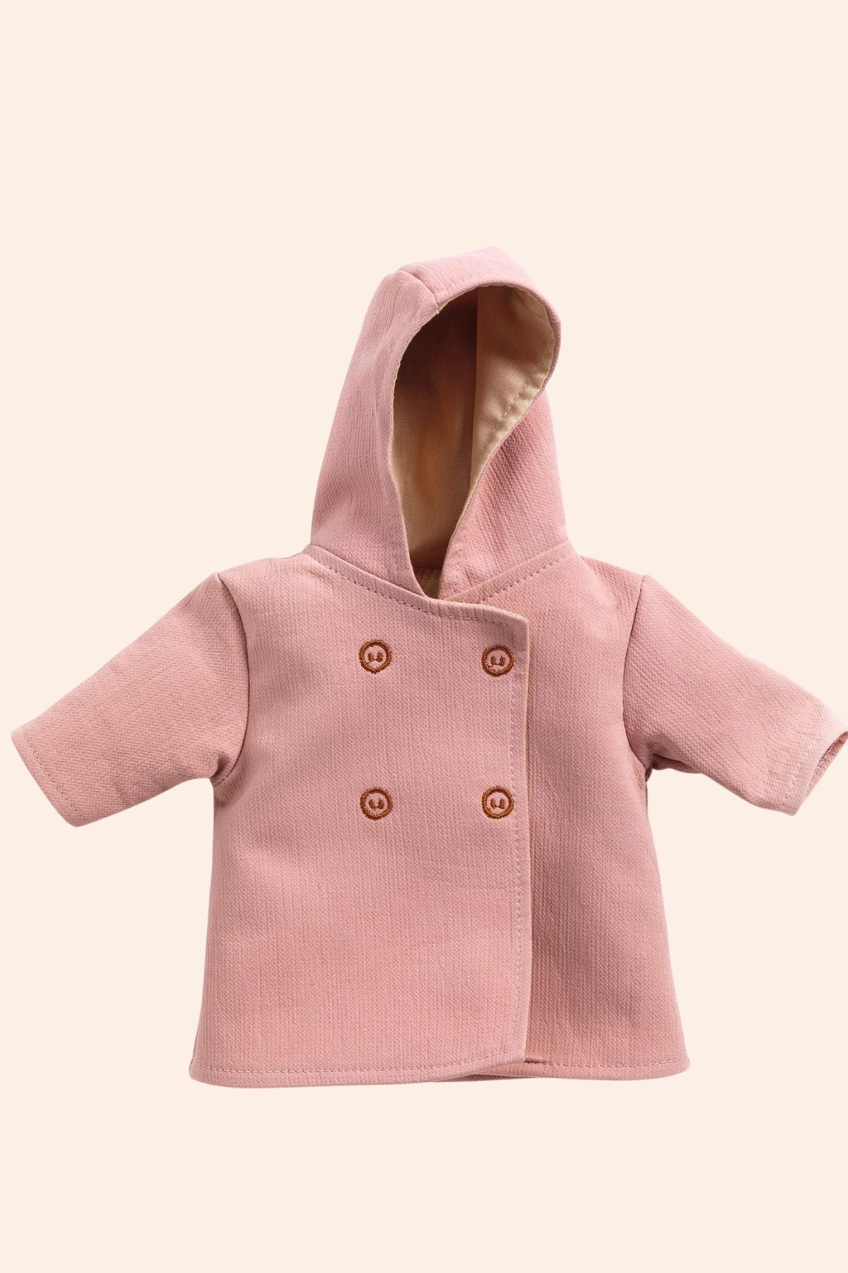 Djeco - Pomea - Hooded Coat - Strawberries & Cream 
Pink hooded jacket with buttons on a light pink background