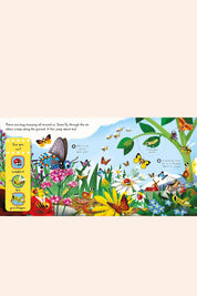 Brilliant Bugs and Minibeasts - Strawberries & Cream - Ingrid Lewis - Designer
Colourful children's book page with butterflies, flowers, and a green leaf on a white background