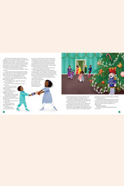 A Child's Introduction To The Nutcracker - Strawberries & Cream - Ingrid Lewis - Designer Illustration of two children shaking hands with a Christmas tree and children playing in the background.
