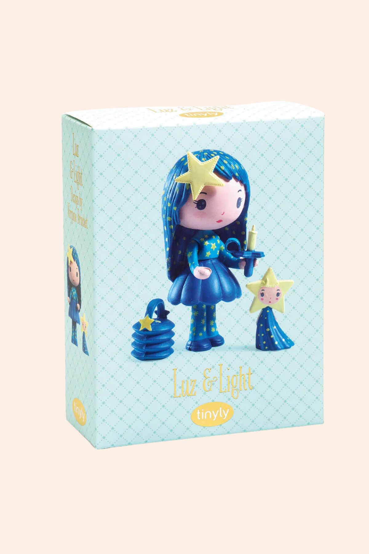 Djeco -Tinyly - Luz & Light - Strawberries & Cream - Ingrid Lewis - Designer Toy figure with blue dress and star accessories.