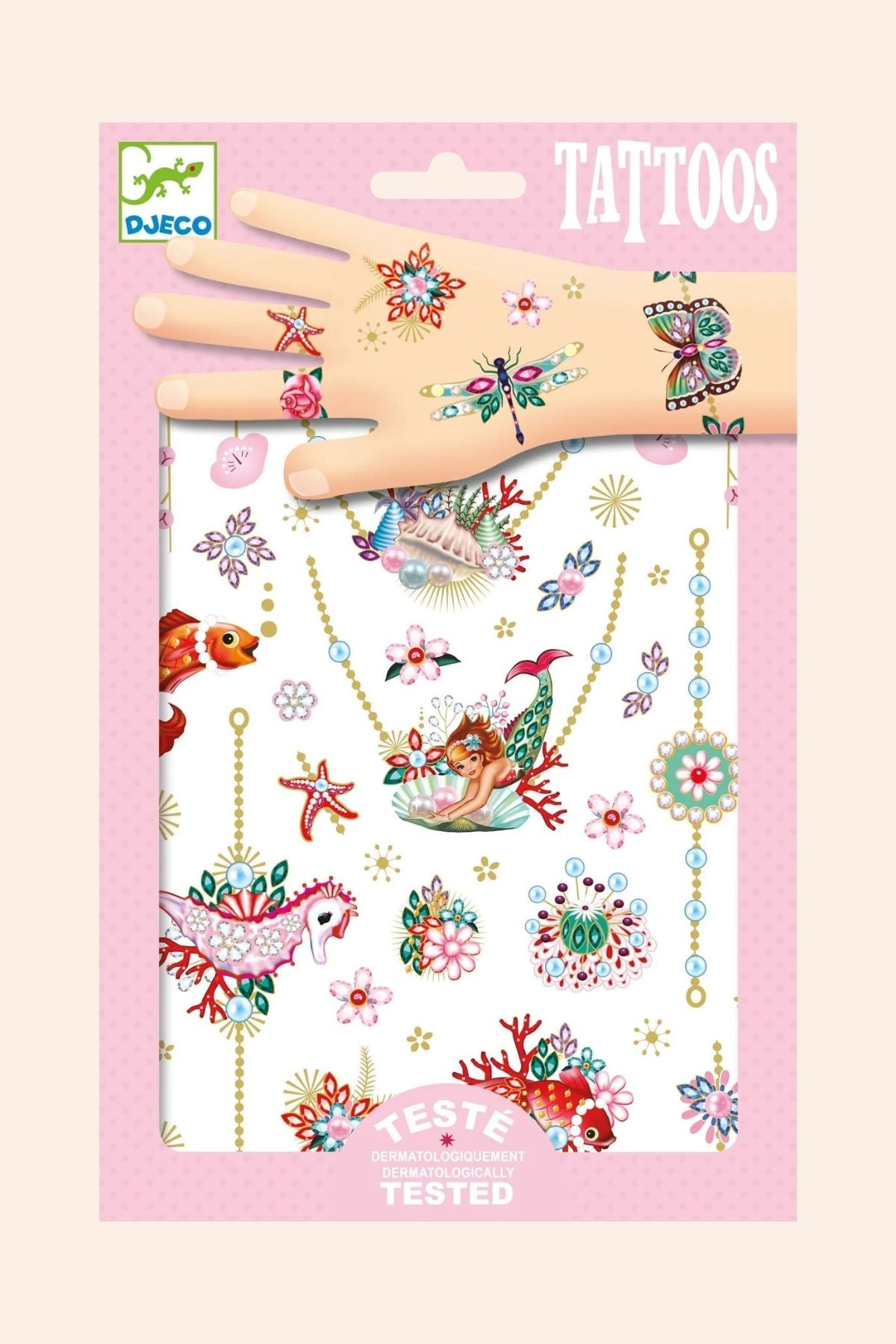 DJECO temporary tattoo sheet in pink packaging, featuring colorful sea-themed designs like starfish, coral, fish, and floral patterns, with a hand illustration showing how the tattoos look when applied.

Djeco - 50 Temporary Tattoos -  Le Bijoux de Fiona