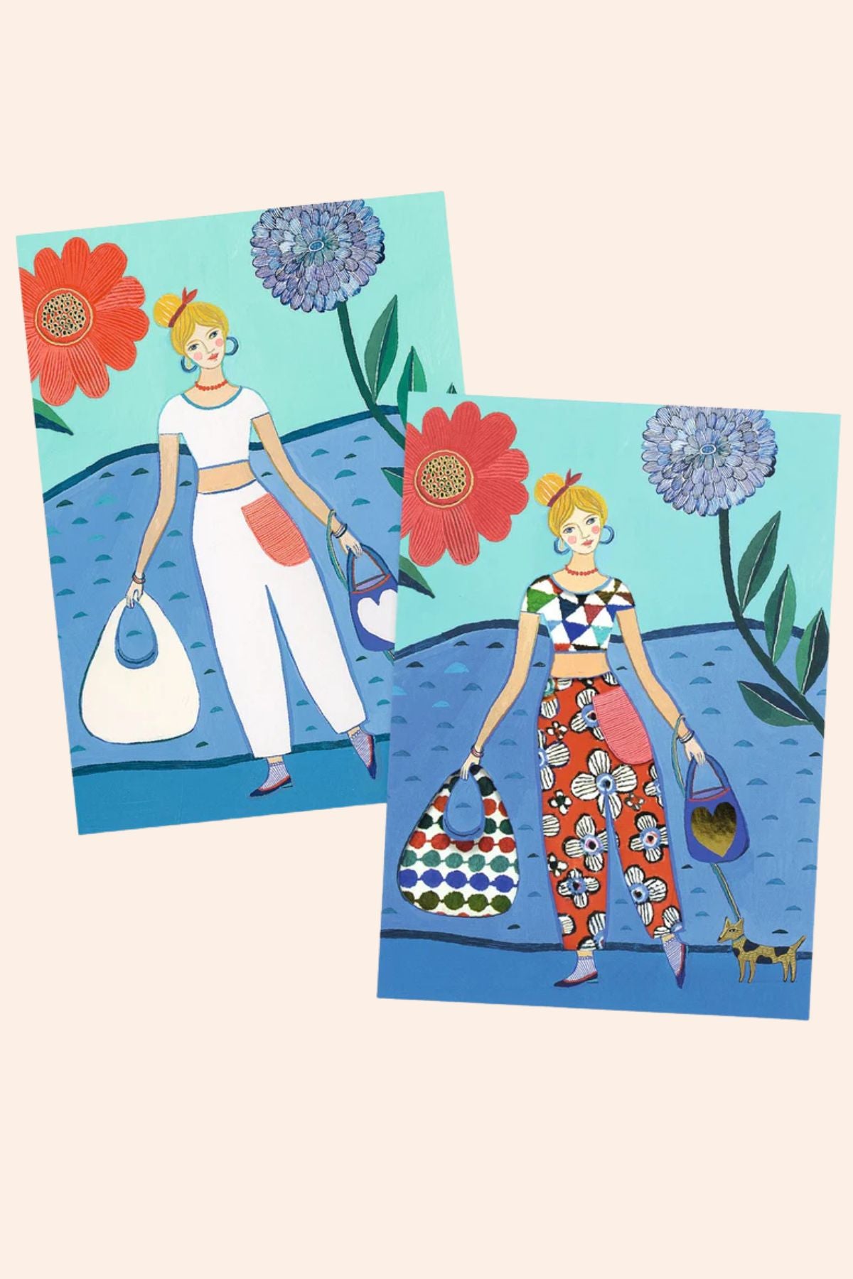Djeco - 8 Patterned Collages - Wax Trend  - Strawberries & Cream - Ingrid Lewis - Designer
Two illustrated cards featuring women with tennis rackets and colourful bags 