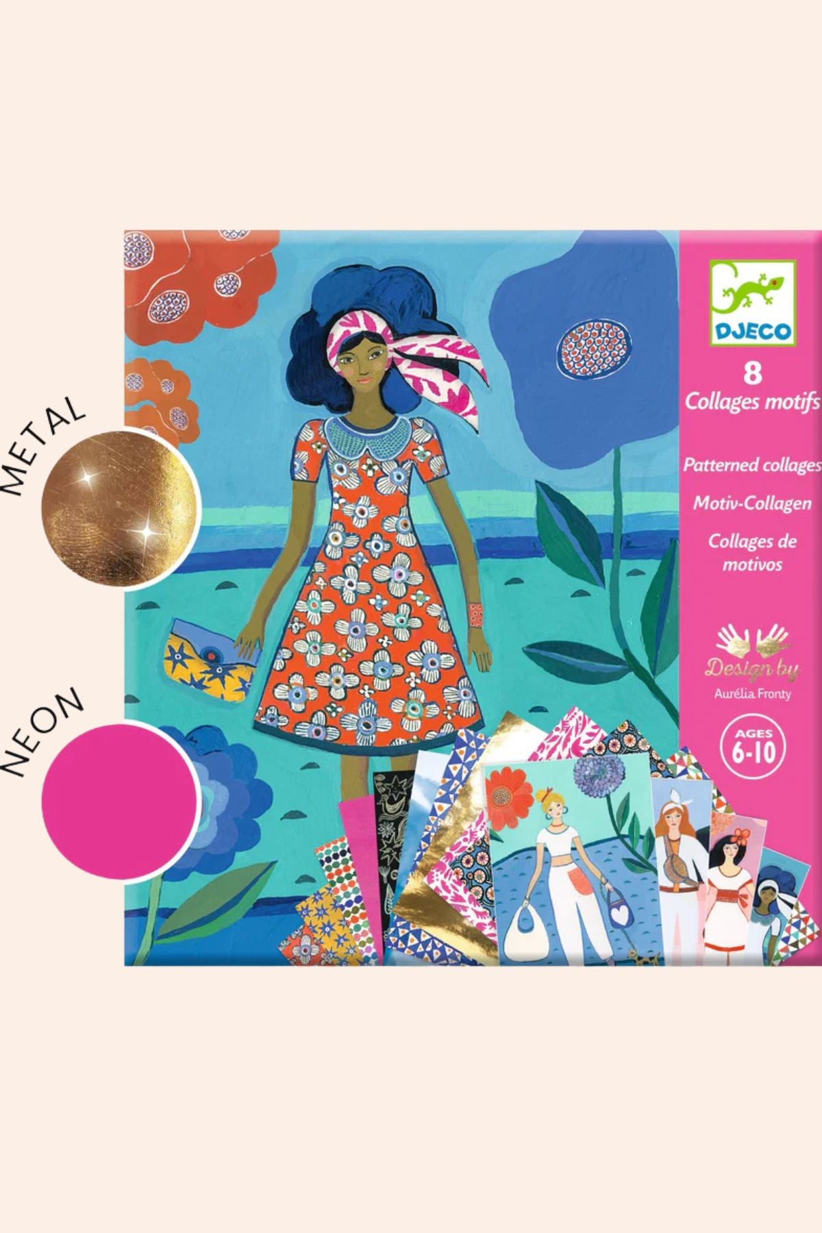 Djeco - 8 Patterned Collages - Wax Trend  - Strawberries & Cream - Ingrid Lewis - Designer
Djeco craft kit packaging with a colourful illustration of a girl and various craft items