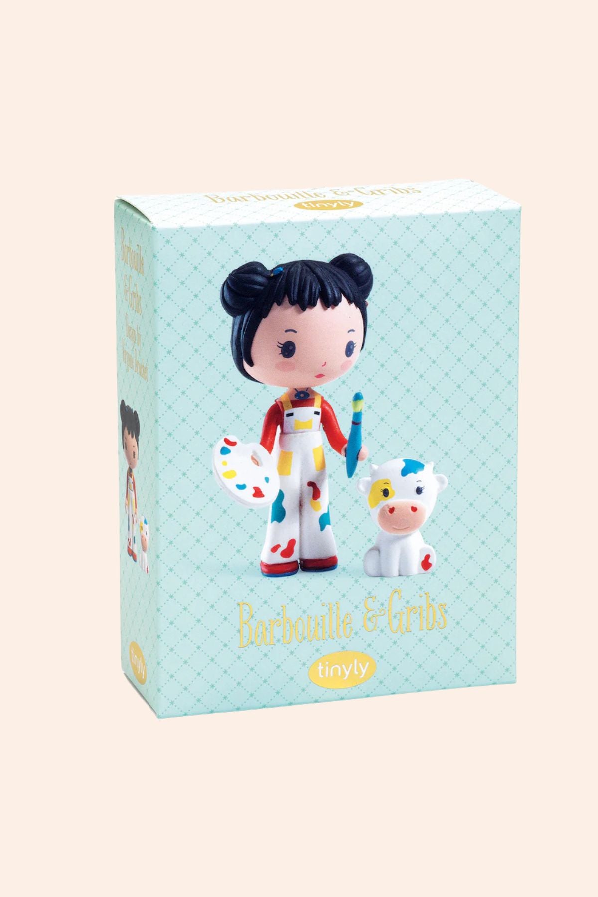 Djeco - Barbouille & Gribs Doll - Strawberries & Cream -  Figurines - Collectables - Fun for all - Dolls - Artistic - Arts and Crafts - Ingrid Lewis - Designer Boxed figurine of a character with colorful outfit and a small animal 