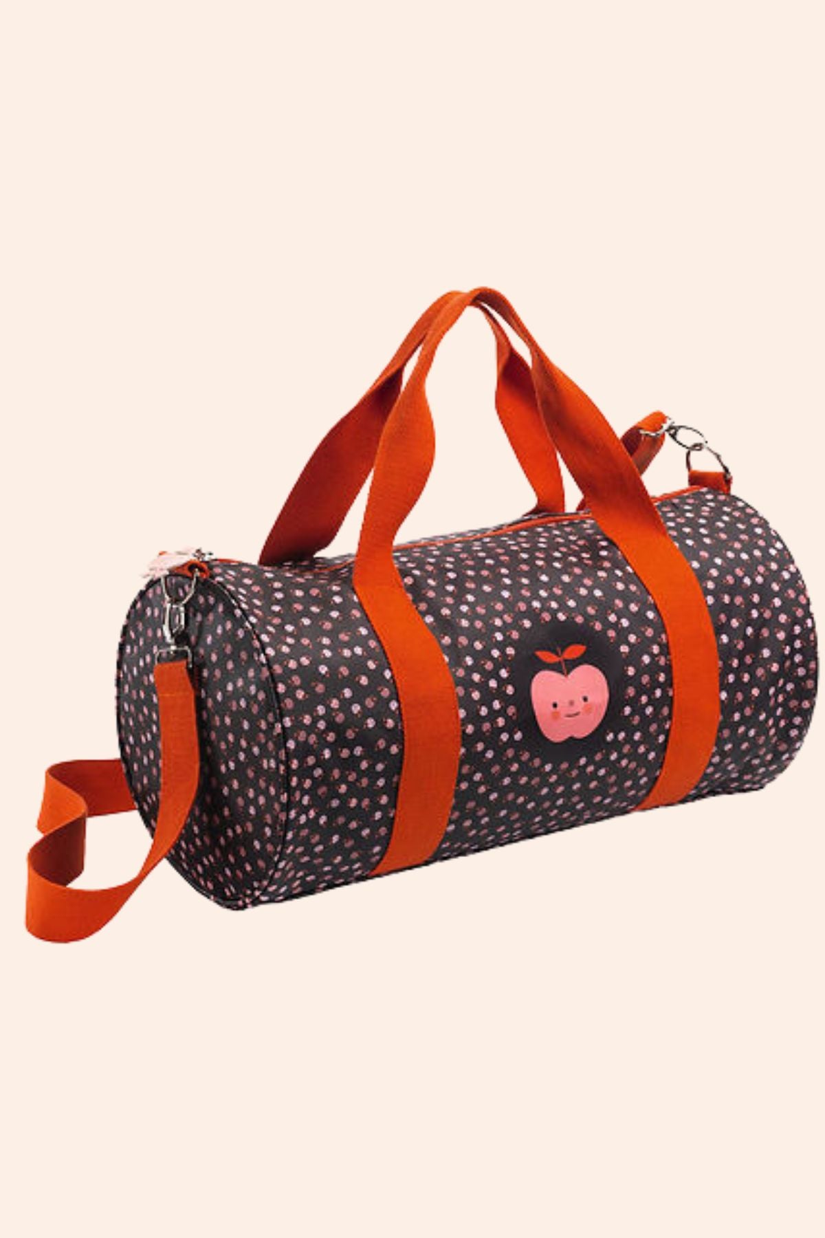 Djeco - Duffel Bag - Love Apple - Strawberries & Cream - luxury - girl - Ingrid Lewis - Designer
Duffel bag with polka dot pattern and apple motif with red handles.