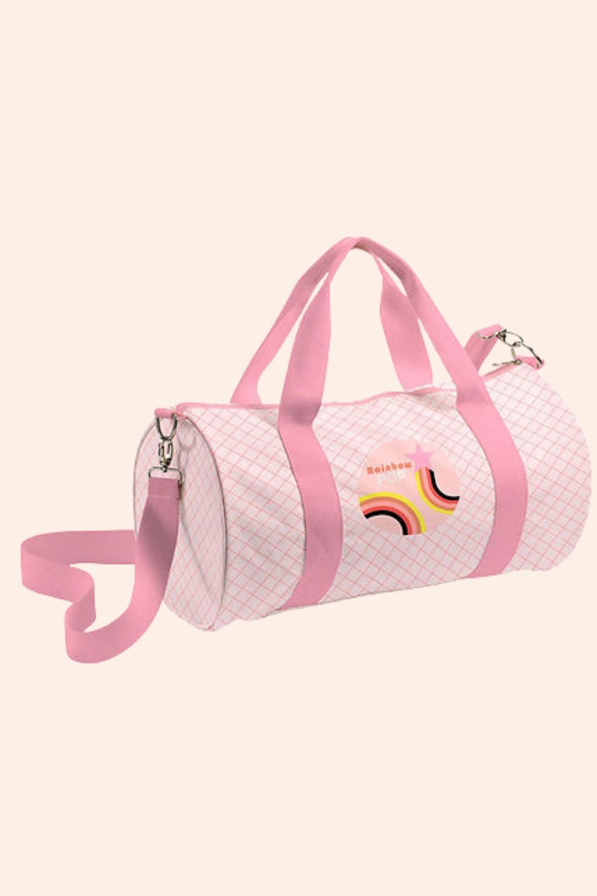 Djeco - Duffel Bag -  Rainbow - Strawberries & Cream - Ingrid Lewis - Designer.
Pink duffel bag with rainbow design.