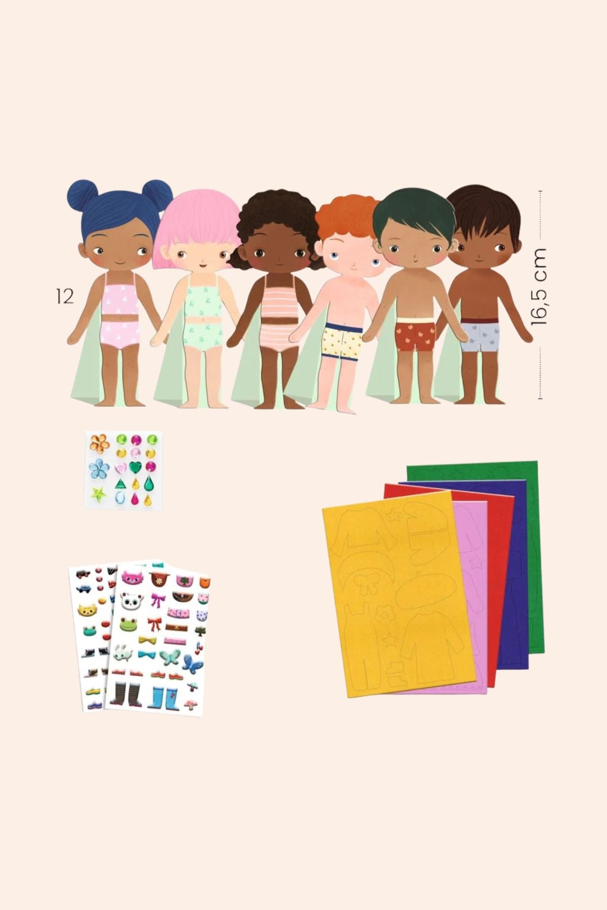 Djeco - Felt- Characters To Dress Up - Strawberries & Cream - Ingrid Lewis - Designer 
Set of paper dolls with various hairstyles and skin tones, along with colourful paper bags and stickers.