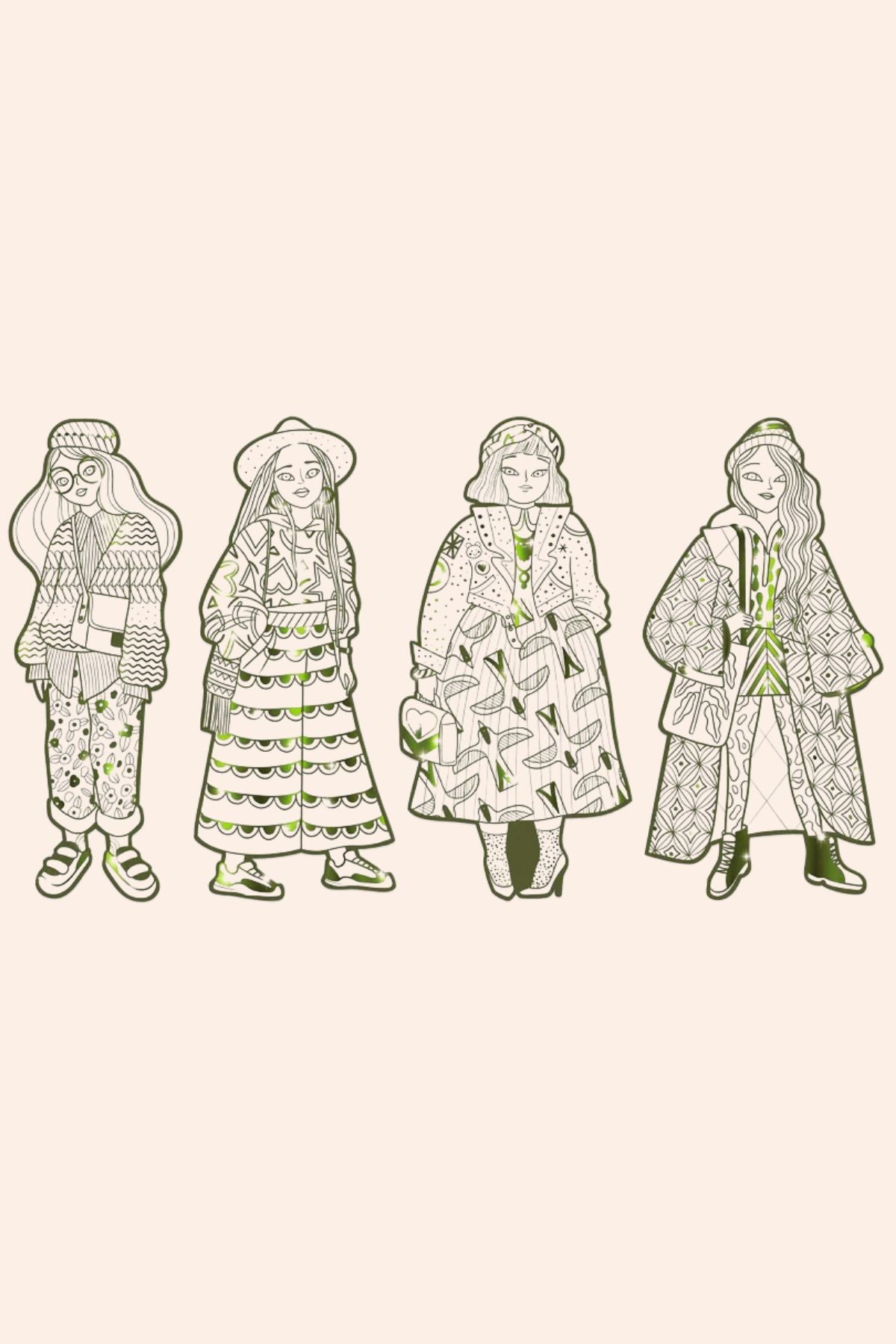 Djeco - Les Demoiselles - Fashion Colouring - Bowie & Friends - Strawberries & Cream - Ingrid Lewis - Designer 
Illustrations of four people wearing patterned.