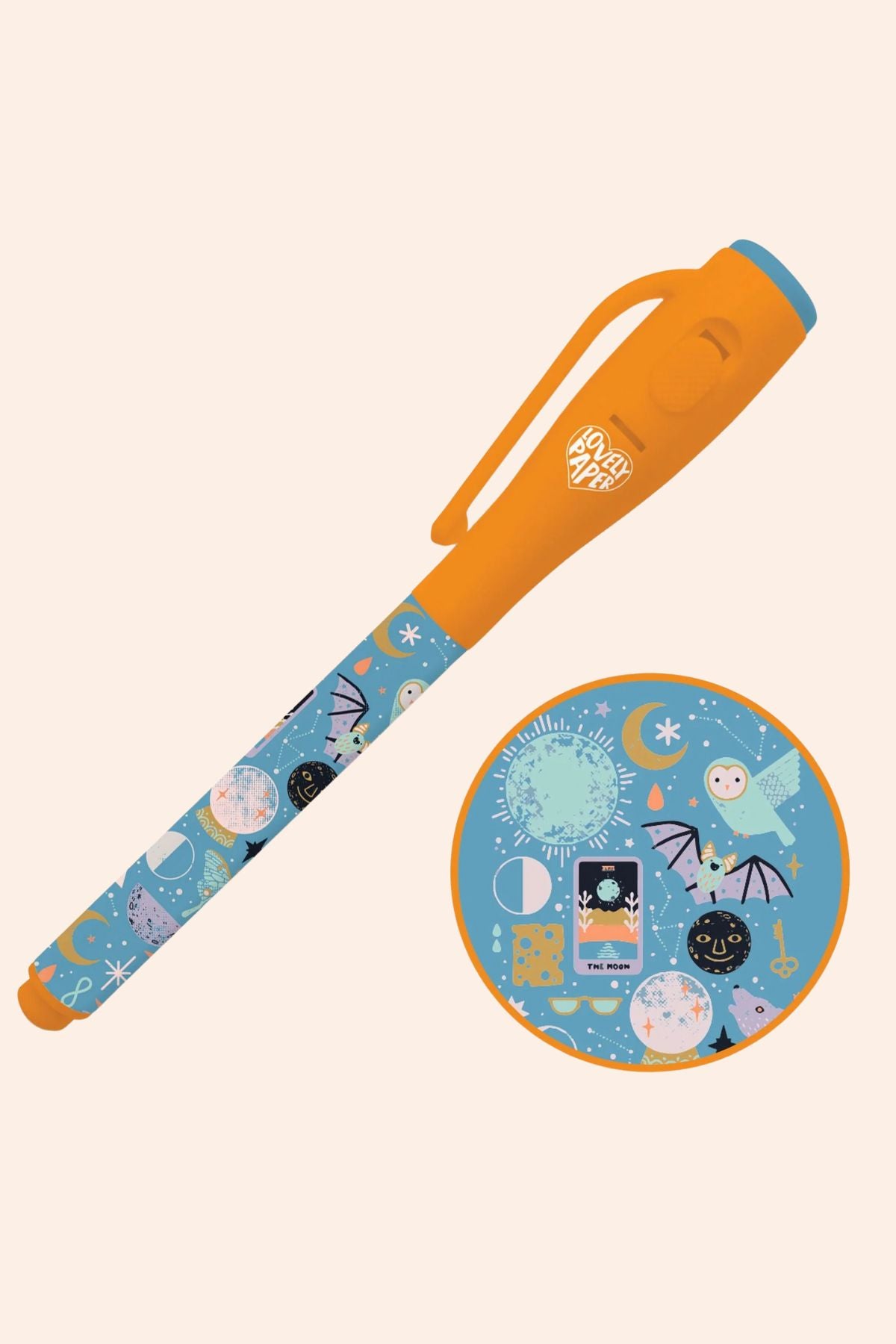 Djeco - Magic Pen - Camille - Strawberries & Cream - Ingrid Lewis - Designer 
Orange pen with blue patterned cap on a beige background
