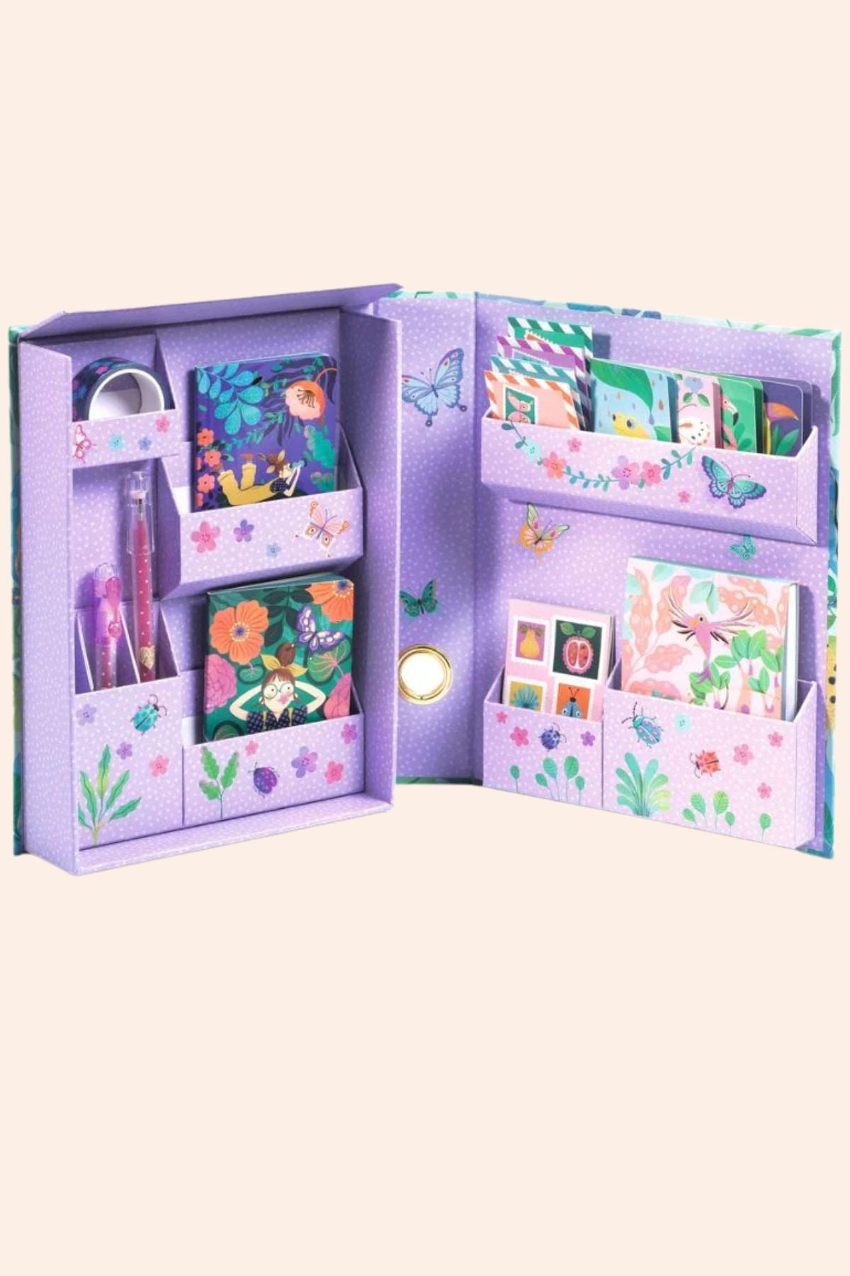 Djeco - Marie Box Set  - Strawberries & Cream - Ingrid Lewis - Designer
Open purple stationery set with various items.