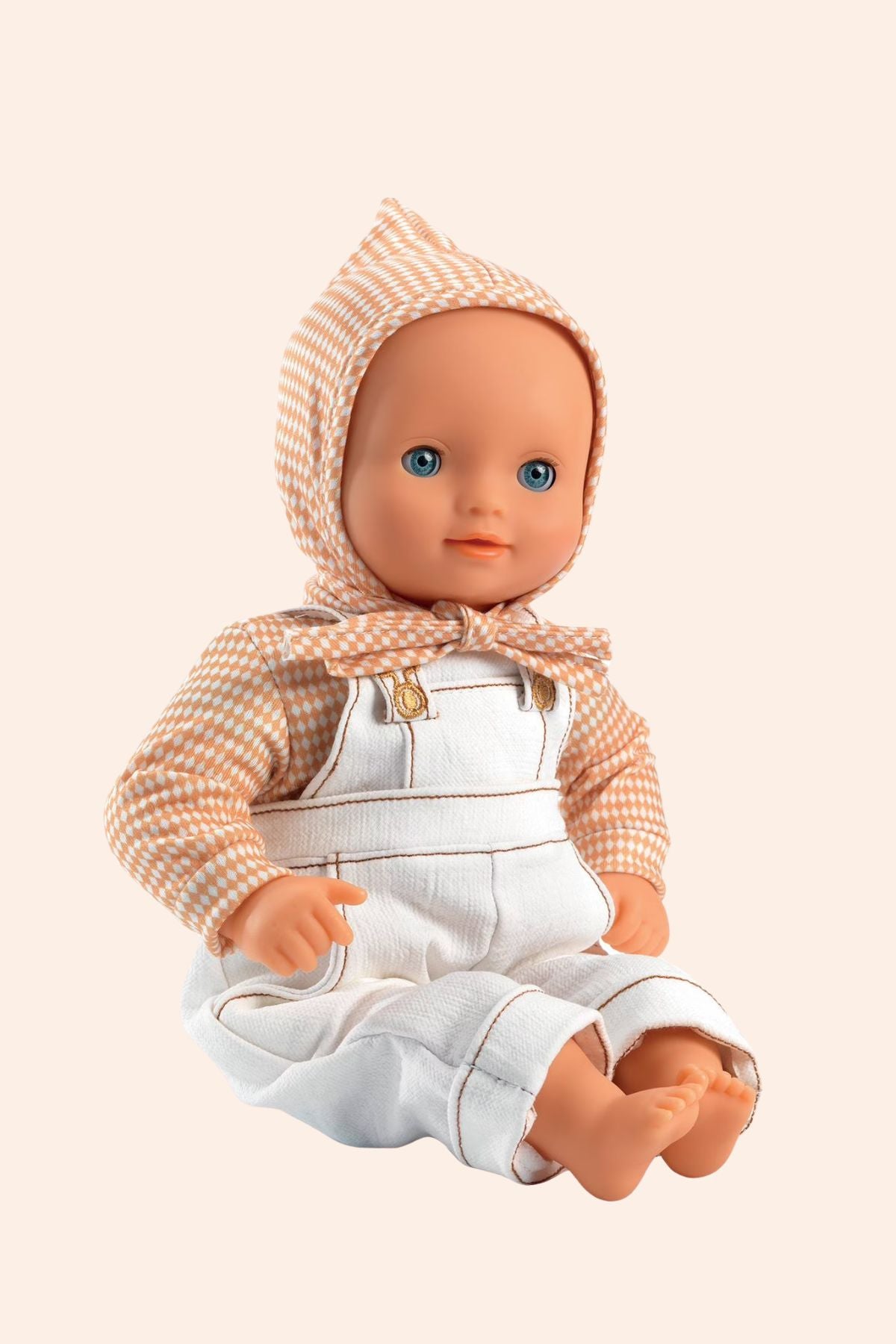 Djeco - Pomea - Cannelle Outfit  - Strawberries &amp; Cream  
Baby doll wearing a checkered shirt, white overalls, and a matching hat.