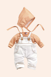 Djeco - Pomea - Cannelle Outfit  - Strawberries & Cream 
Baby doll wearing a checkered shirt, white overalls, and a matching hat.