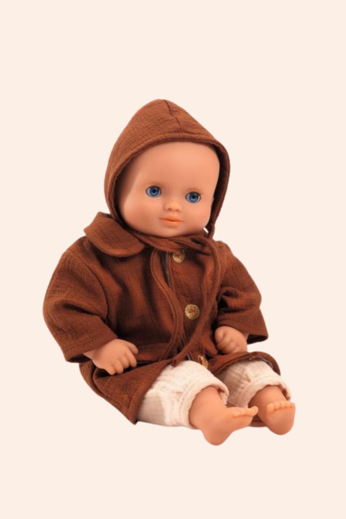 Djeco - Pomea - Fall Outfit - Strawberries & Cream 
Baby doll wearing a brown hooded coat.