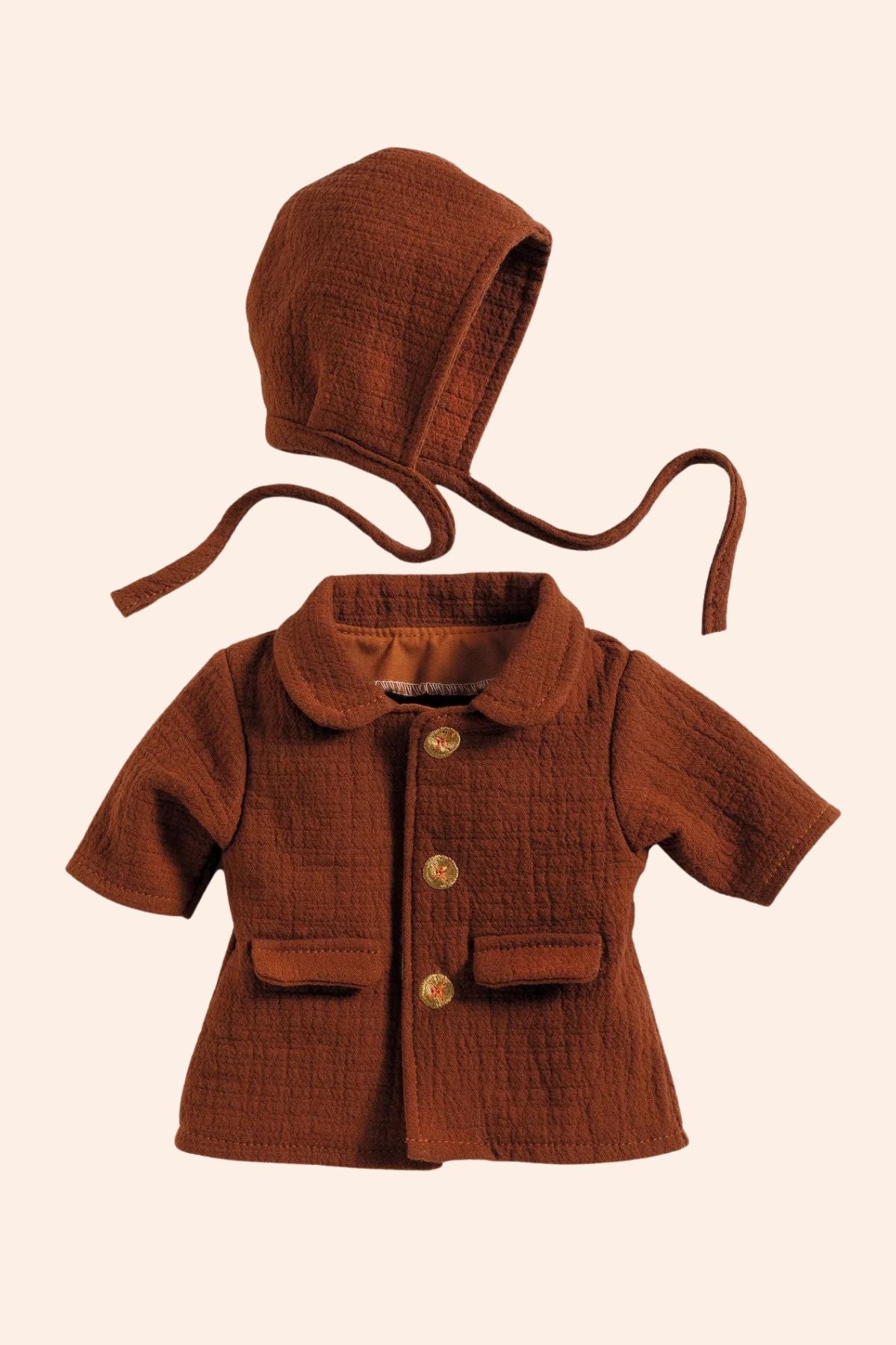 Djeco - Pomea - Fall Outfit - Strawberries & Cream 
Brown baby coat and bonnet set.