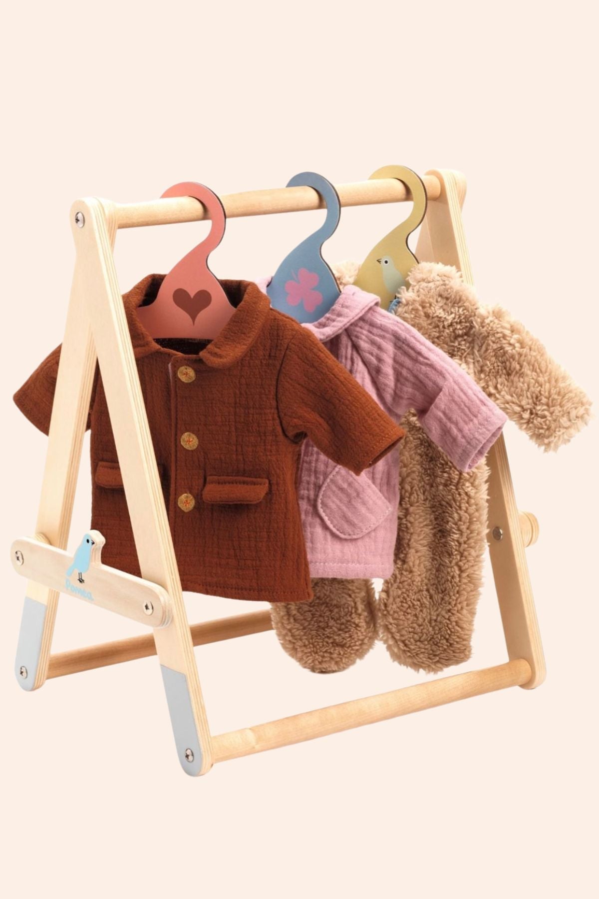 Djeco - Pomea - Large Clothes Rack with 3 Hangers - Strawberries & Cream 
Children's clothing on a wooden rack with colorful hooks. 