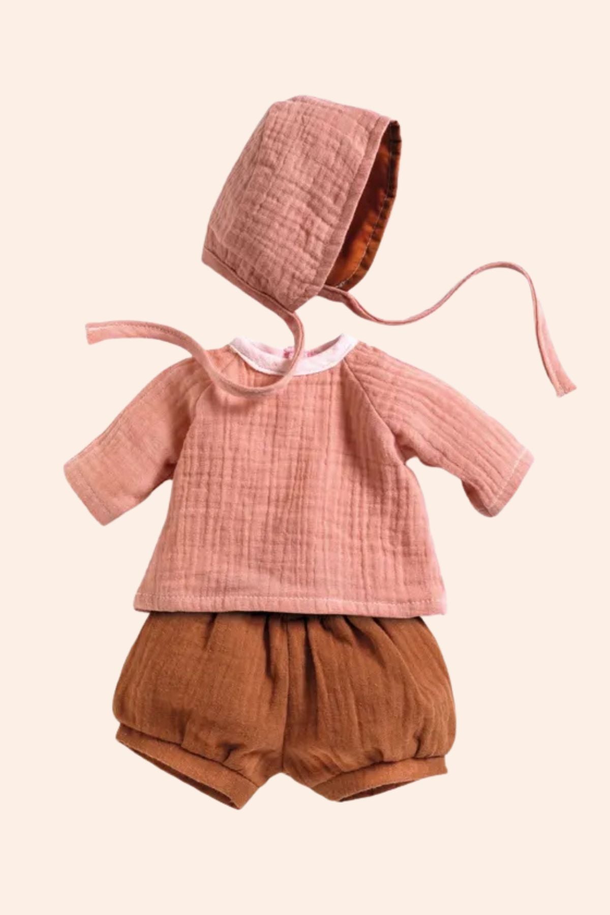 Djeco - Pomea - Peach Outfit - Strawberries & Cream 
Baby outfit with pink top, brown shorts, and matching bonnet.