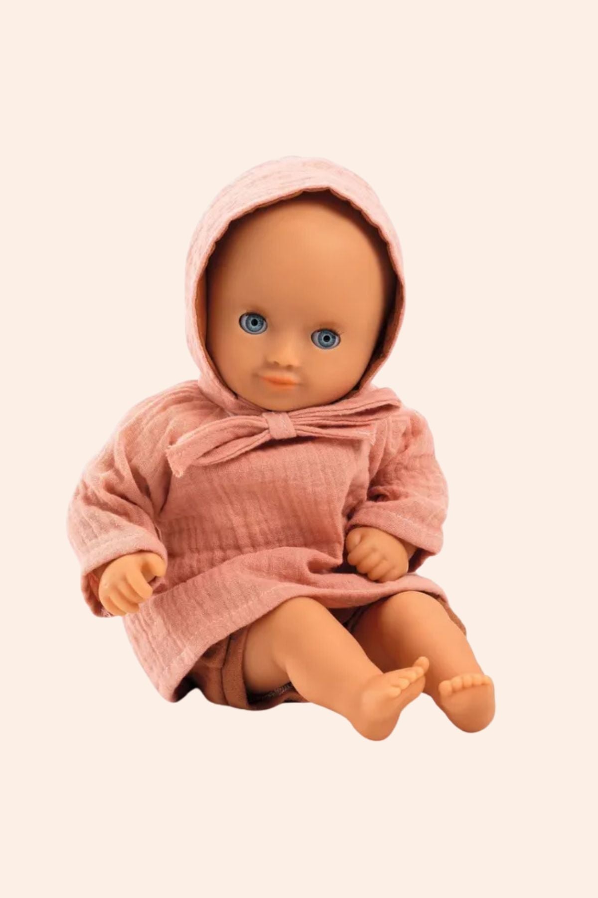 Djeco - Pomea - Peach Outfit - Strawberries & Cream 
Baby outfit with pink top, brown shorts, and matching bonnet.