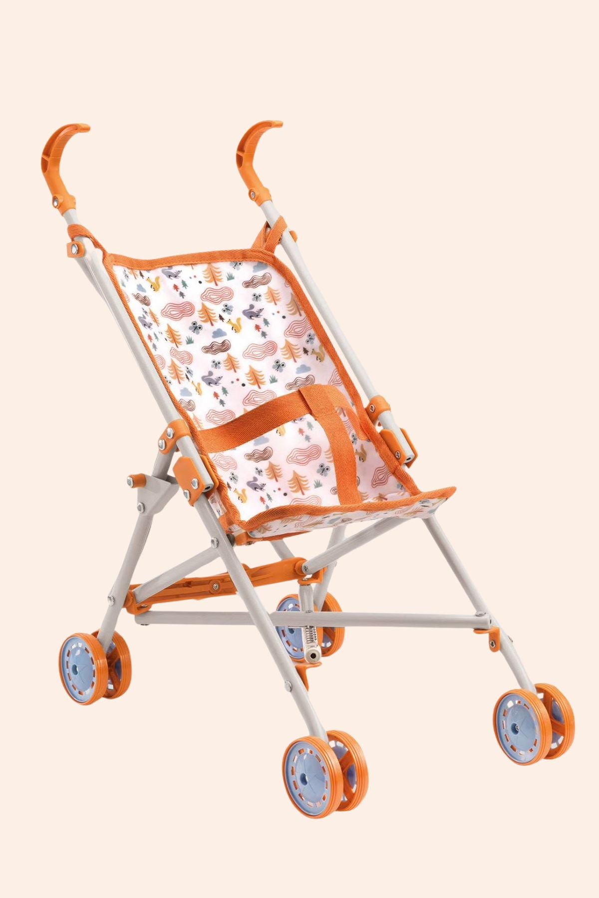 Djeco - Pomea - Stroller Forest - Strawberries & Cream Children's toy stroller with orange and white design.