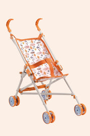 Djeco - Pomea - Stroller Forest - Strawberries & Cream Children's toy stroller with orange and white design.