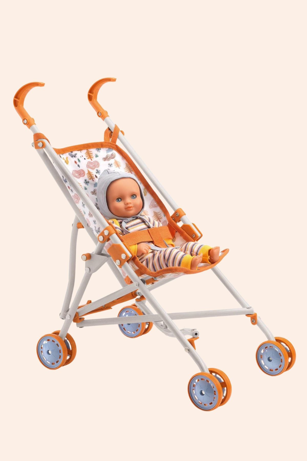 Djeco - Pomea - Stroller Forest - Strawberries & Cream 
Baby doll in an orange and white stroller on.