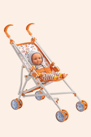 Djeco - Pomea - Stroller Forest - Strawberries & Cream 
Baby doll in an orange and white stroller on.