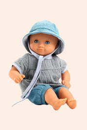 Djeco - Pomea - Summer Outfit - Strawberries & Cream
Blue baby outfit with top, shorts, and bonnet.