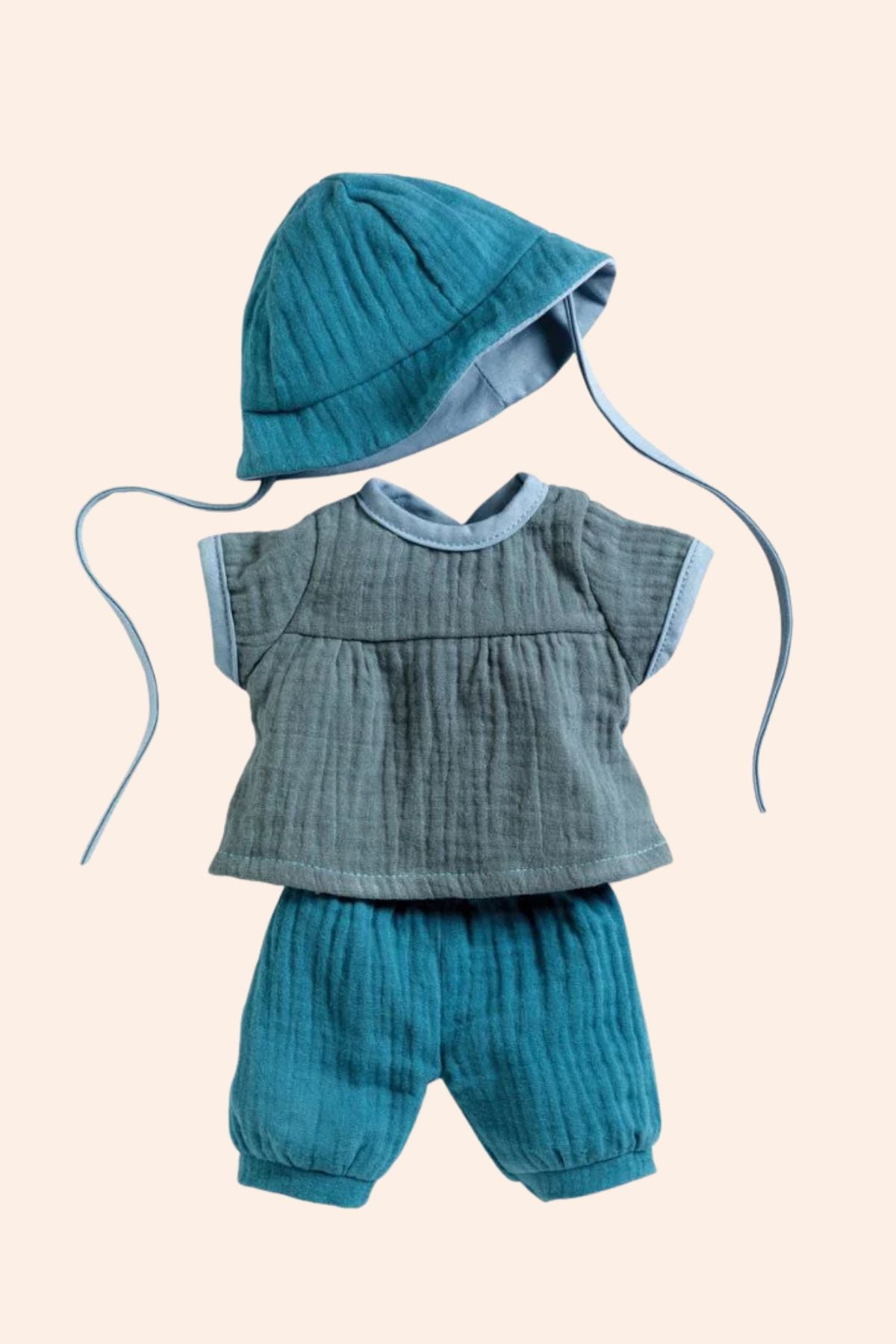 Djeco - Pomea - Summer Outfit - Strawberries & Cream 
Blue baby outfit with top, shorts, and bonnet.