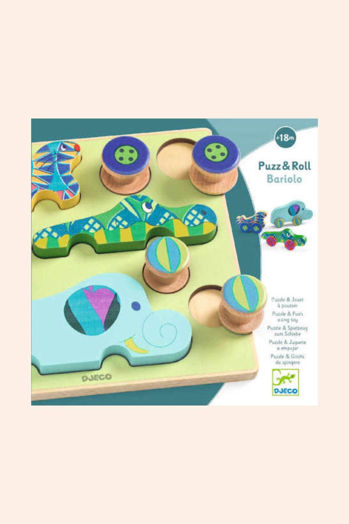 Djeco - Puzz & Roll - Bariolo - Strawberries & Cream - Ingrid Lewis - Designer
Wooden puzzle and roll toy with dinosaur and elephant designs.