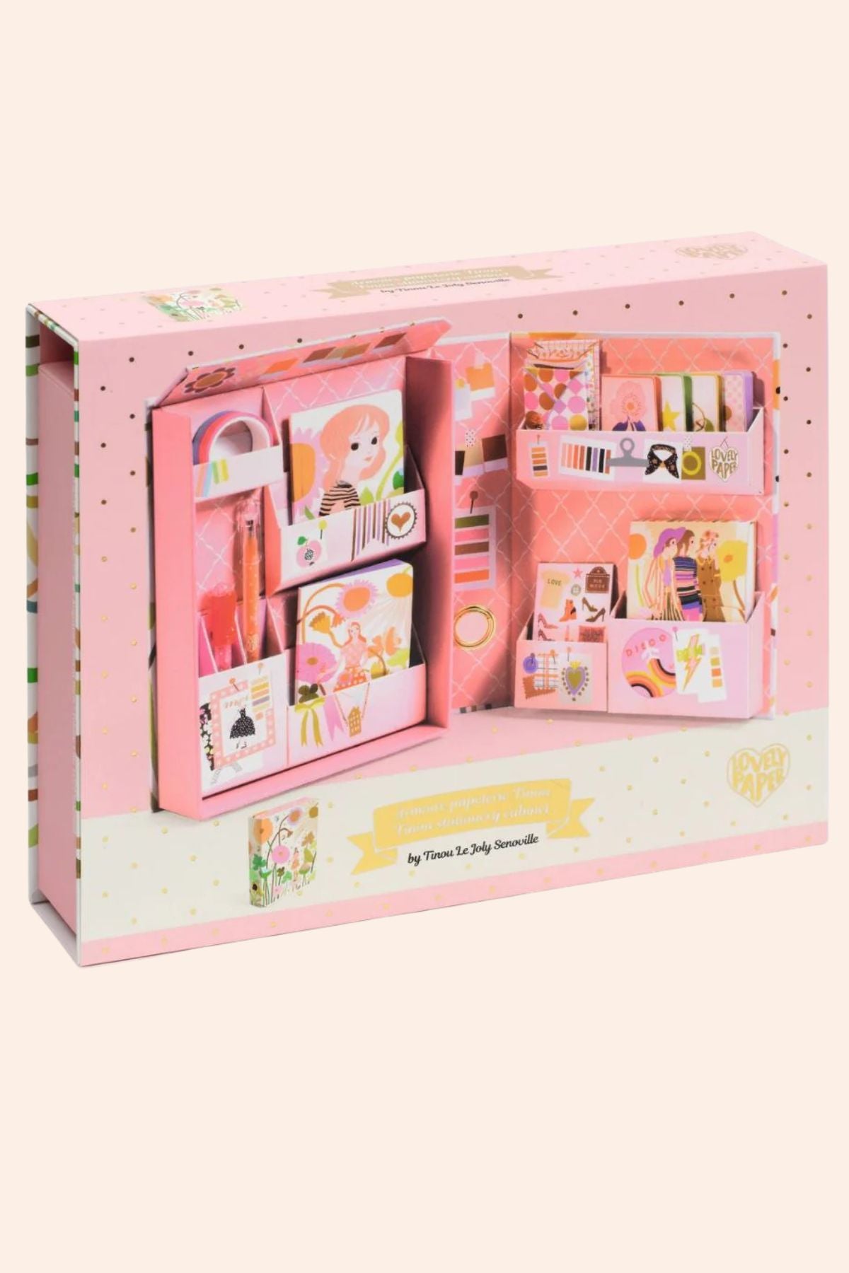 Djeco - Tinou Stationary Cabinet - Strawberries & Cream - Ingrid Lewis - Designer
 Pink stationery set in a box with various items displayed