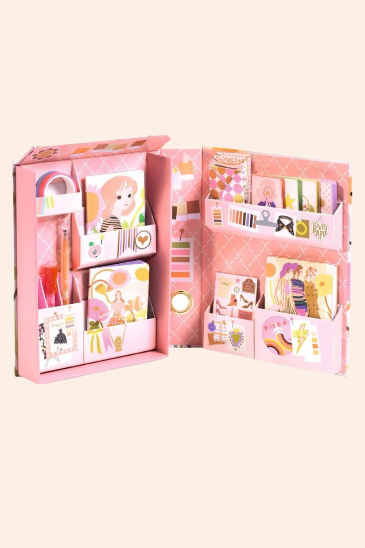 Djeco - Tinou Stationary Cabinet - Strawberries & Cream - Ingrid Lewis - Designer
 Pink stationery set with various items.