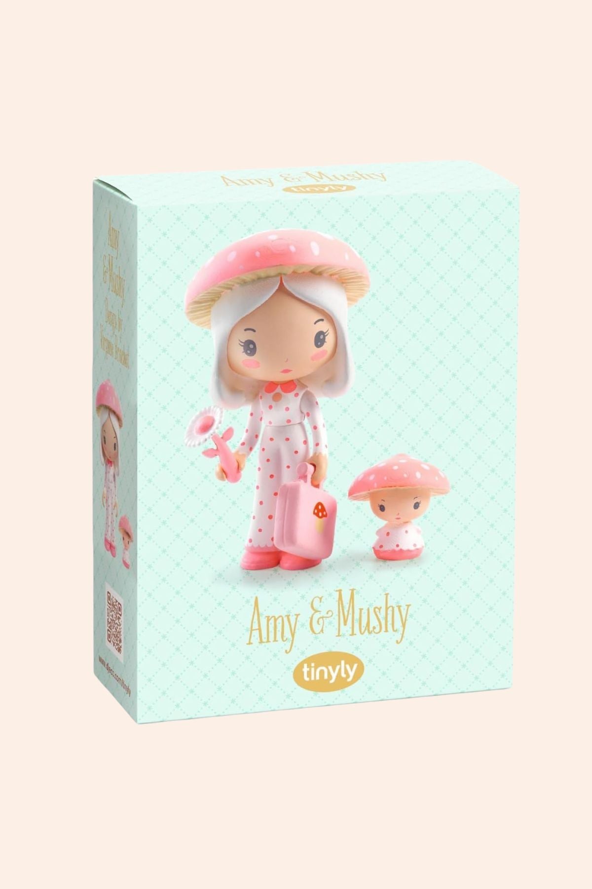 Djeco - Tinyly - Amy & Mushy - Strawberries & Cream - Collectables - Friendship -Fun for all - Dolls - Figurines - Tinylyworld - Ingrid Lewis - Designer - Box packaging of Amy & Mushy toy figures with a pastel color scheme.