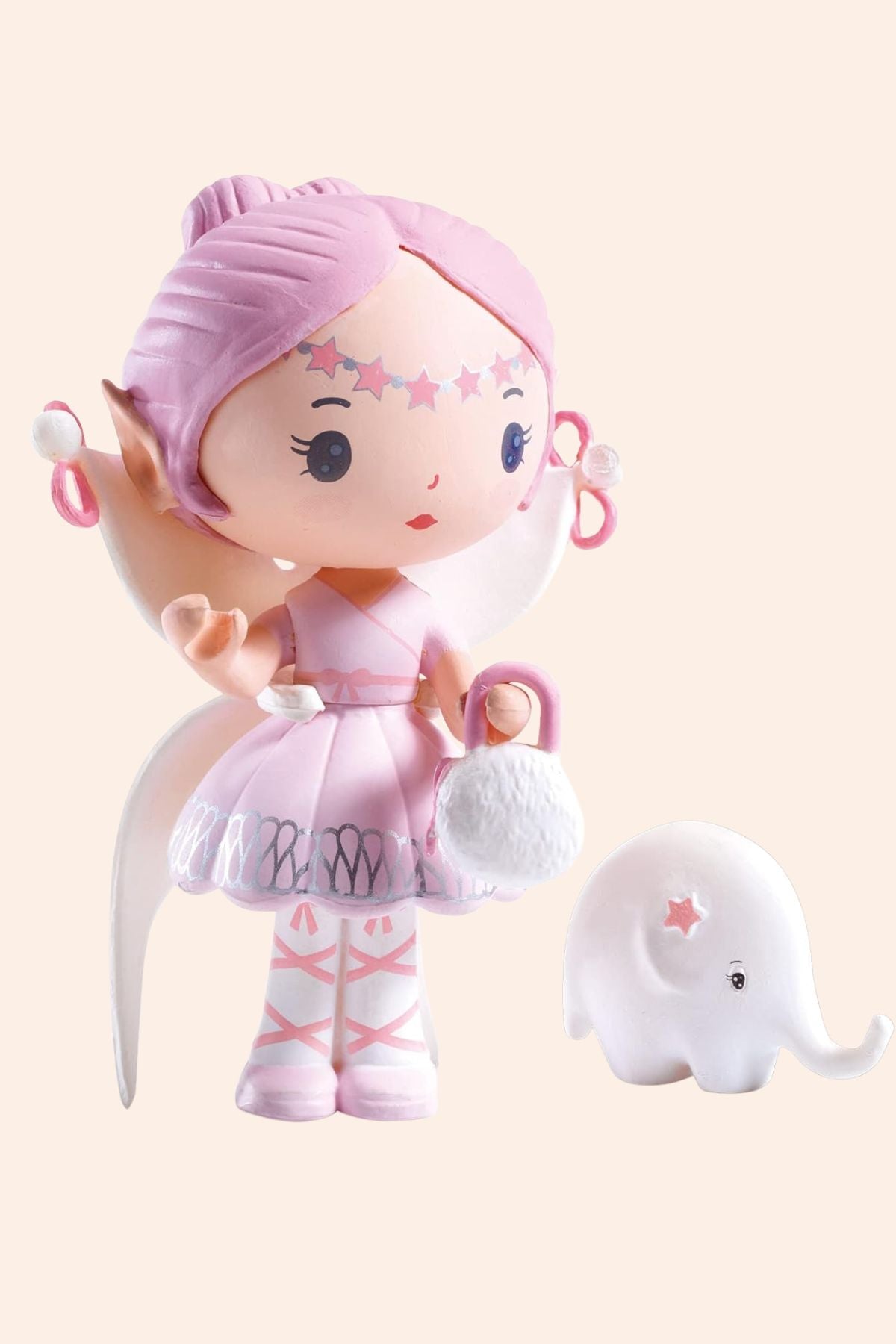 Djeco - Tinyly - Elf &amp; Bolero - Strawberries &amp; Cream - Ingrid Lewis - Designer
Tinyly character with pink hair and outfit, holding a small white elephant toy