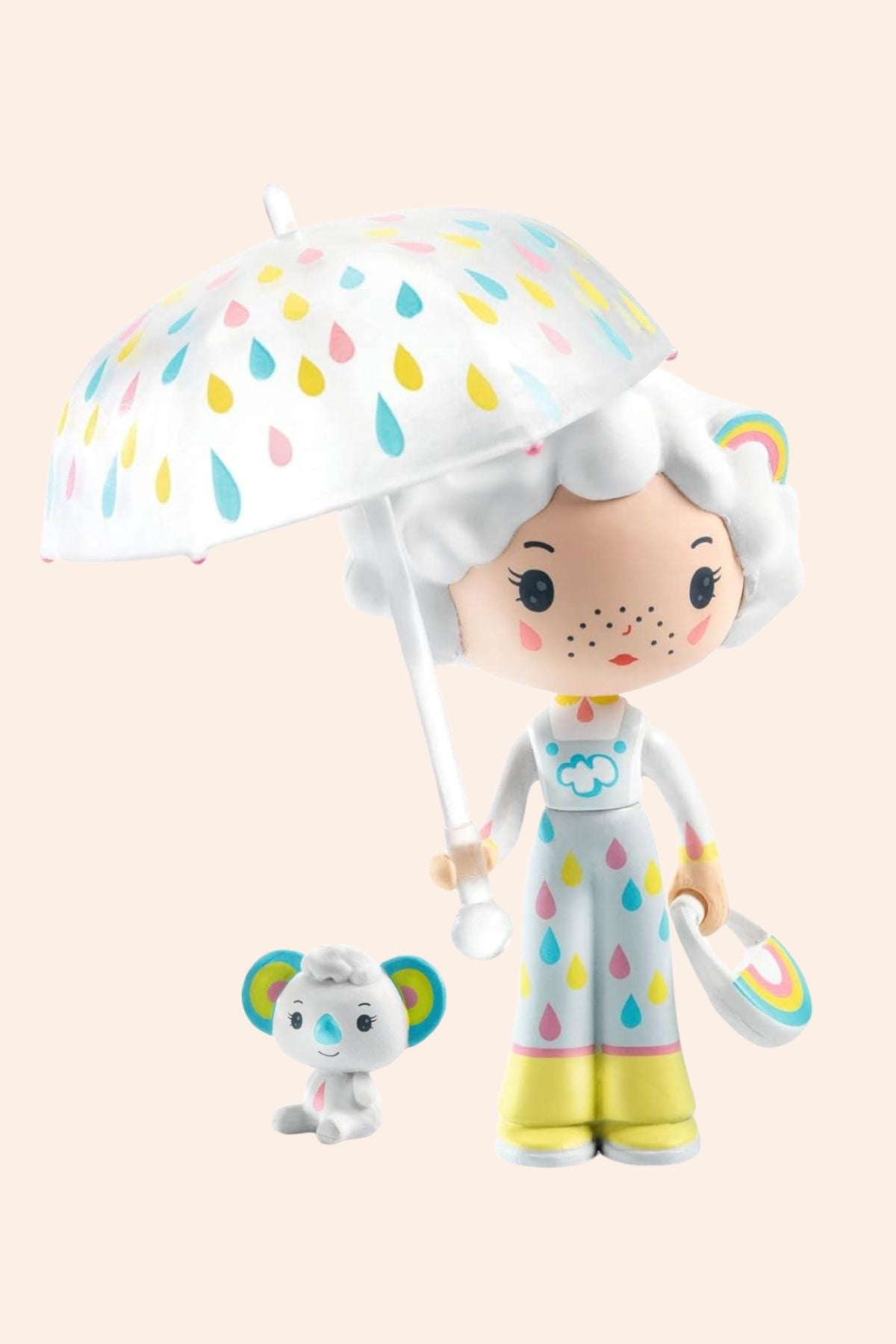 Djeco - Tinyly - Prunelle & Bianca - Strawberries & Cream - Ingrid Lewis - Designer 
Toy figure with colourful umbrella and raindrop.