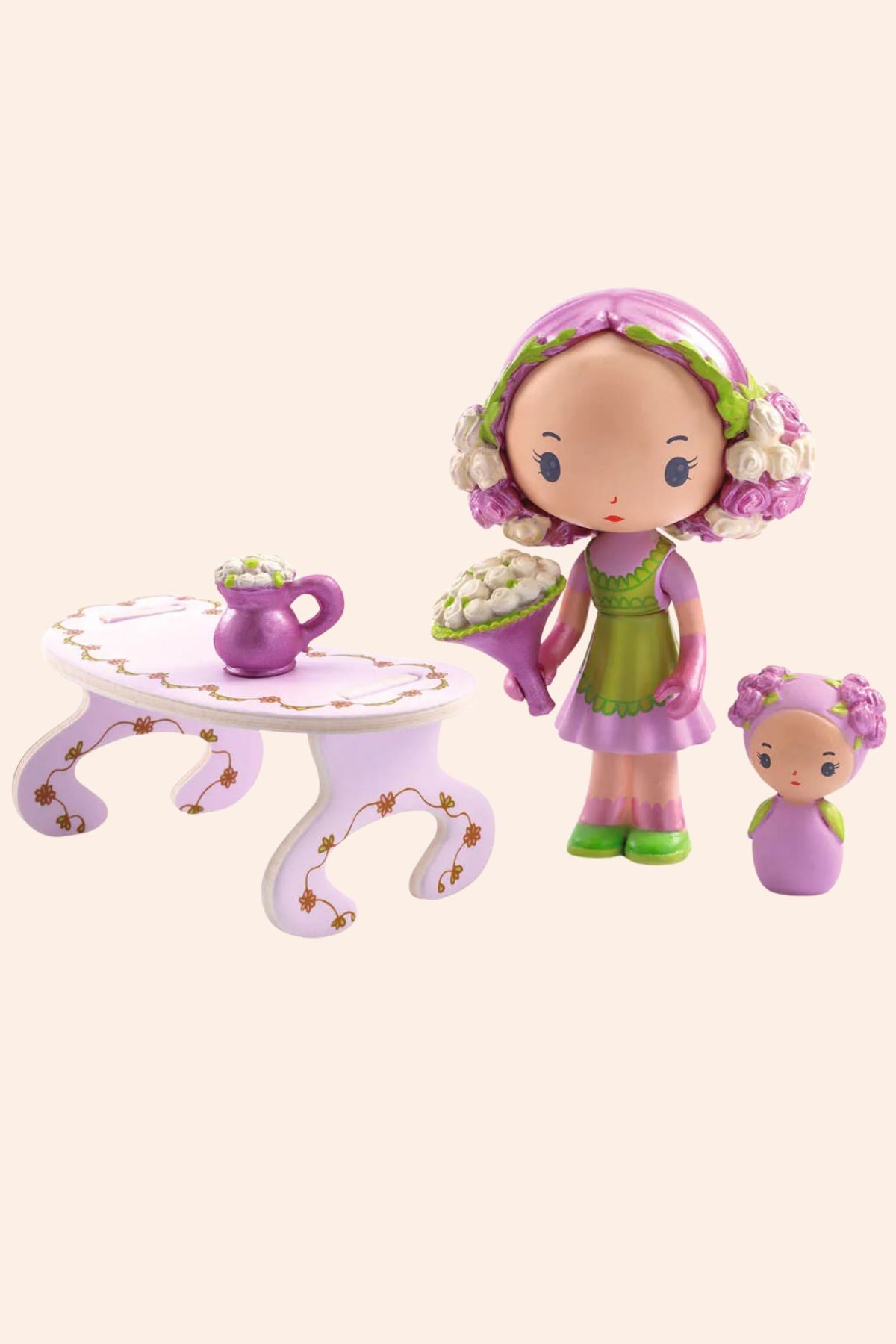 Djeco - Tinyly - Rosalie Tinyshop - Strawberries & Cream - Figurines - Dolls - Collectables - Friendship - Fun for all - Ingrid Lewis - Designer
Two small figurines with a miniature table and teapot,