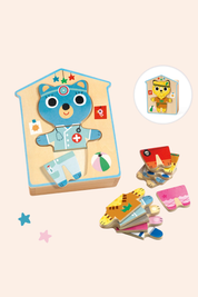 Djeco - Wooden Puzzle - Dressup Mix - Strawberries & Cream - Ingrid Lewis - Designer 
Children's puzzle with cartoon bear character and detachable pieces.