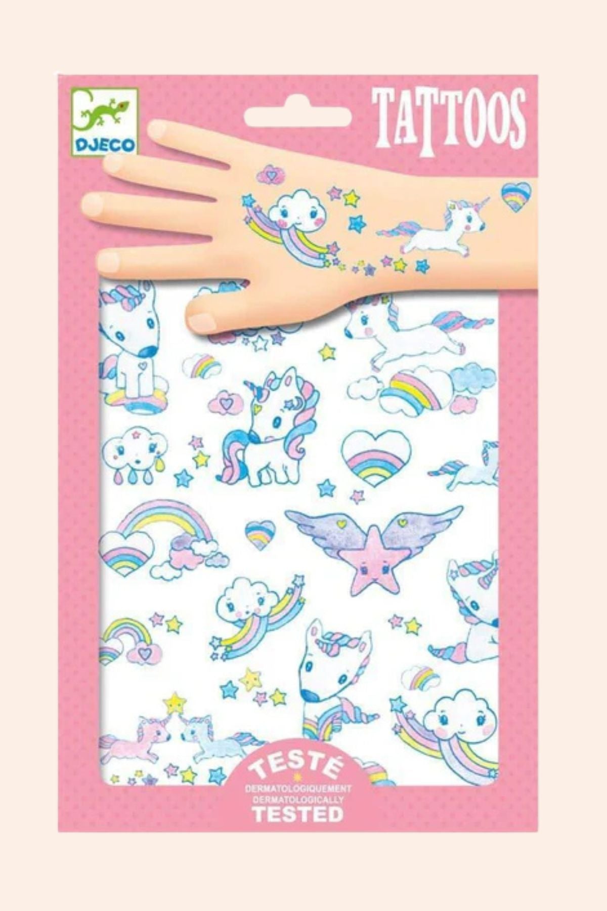 Unicorn-themed temporary tattoos in a pink packaging with a hand model displaying the tattoos.