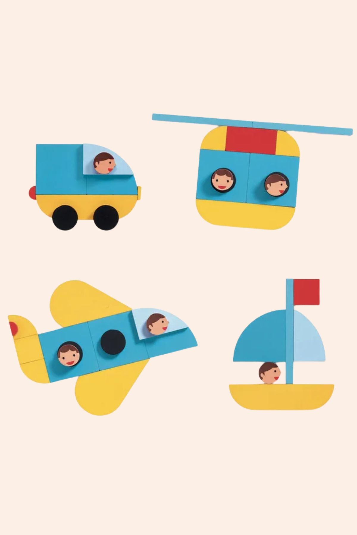 Djeco Ze Geo Vroom - Wood Blocks - Construction Game - Strawberries & Cream  - Ingrid Lewis - Designer Set of colourful toy vehicles with faces.