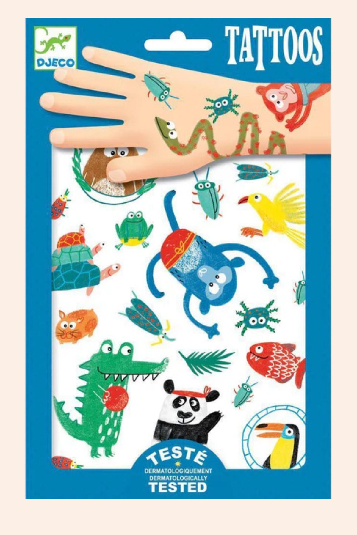 Packaging of children's temporary tattoos with cartoon animals and a hand model showing application.
