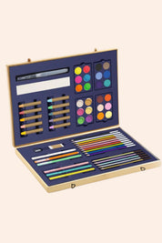Art supply set with pencils, markers, and watercolors in a blue case on a white background