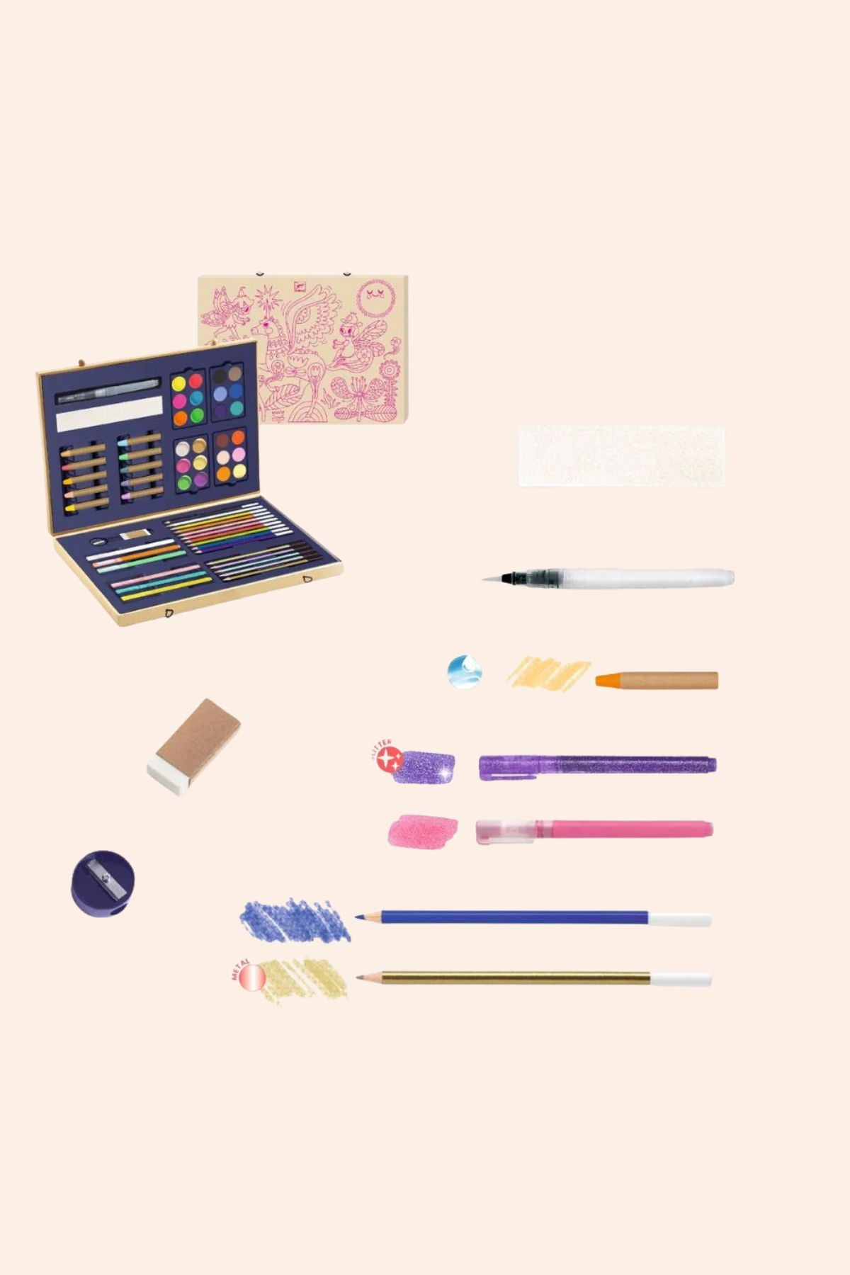 Art supplies including a color box, markers, and pencils on a light beige background