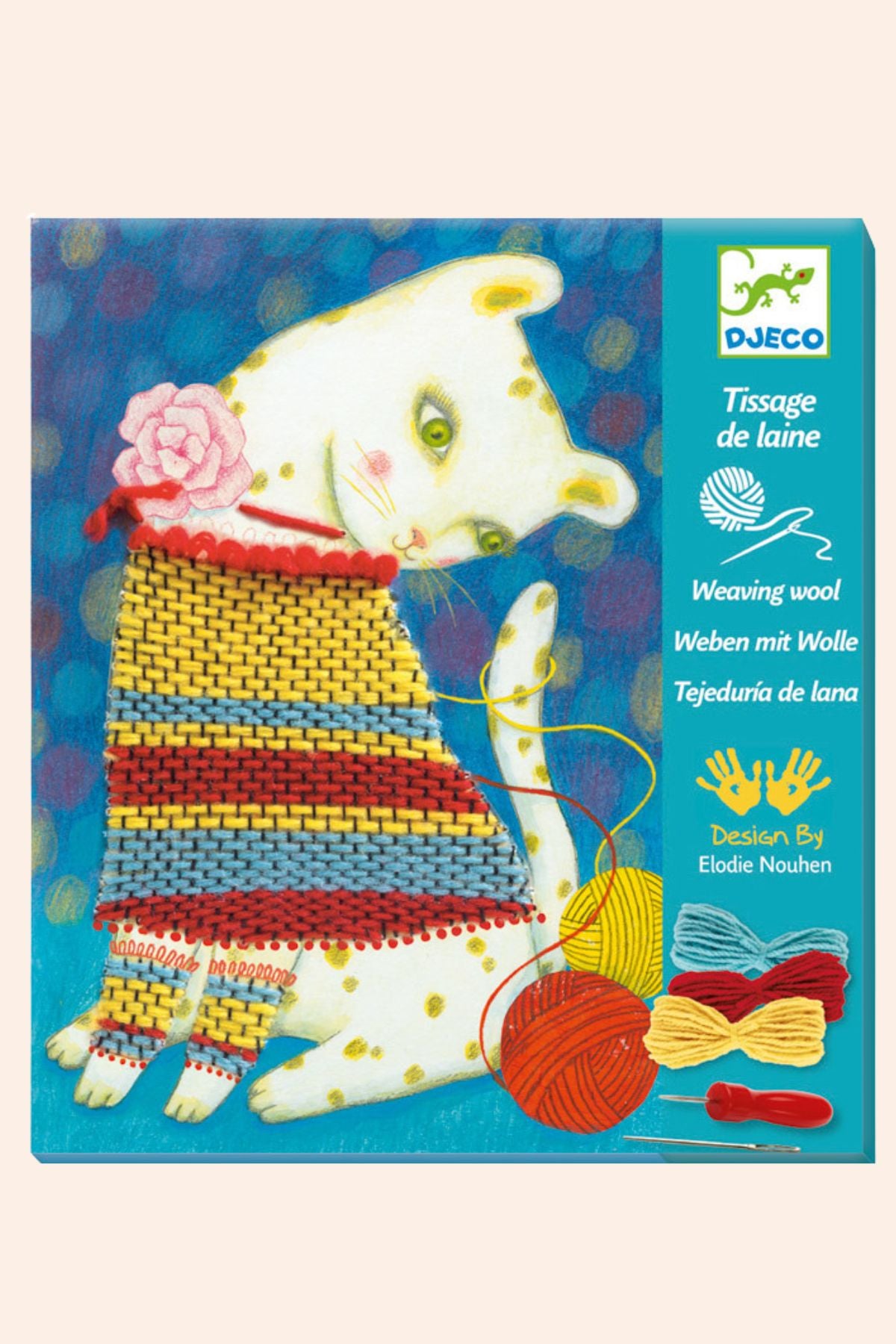Cat weaving with yarn and knitting needles on a blue background, featuring Djeco branding.
