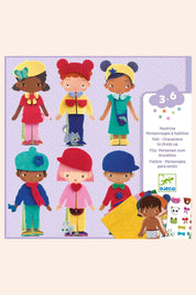Set of colorful dolls with accessories on a purple background, featuring Djeco branding.