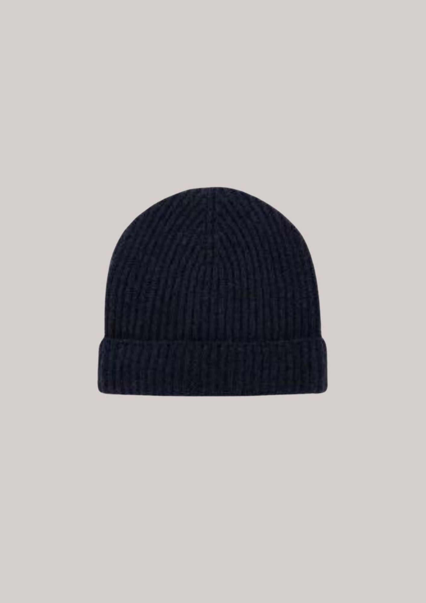 Brora Cashmere Ribbed Beanie Hat- French Navy