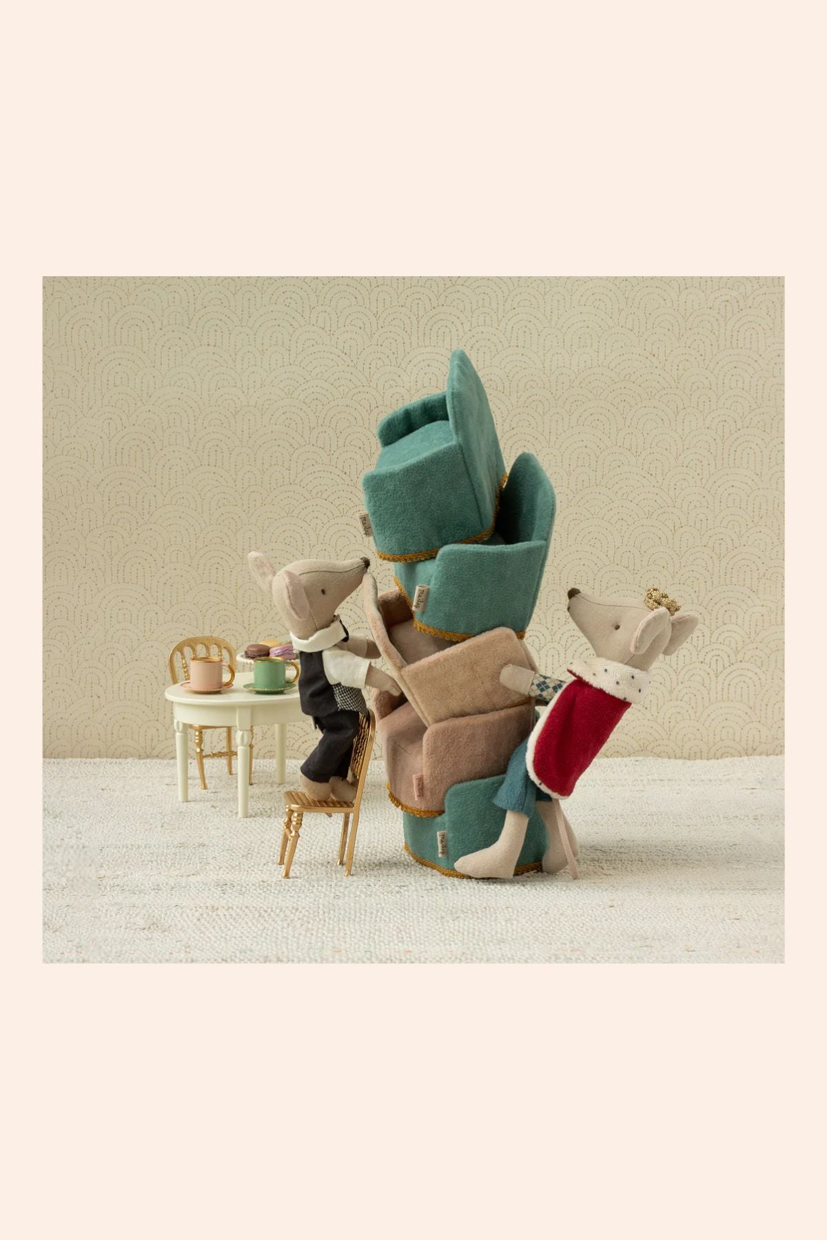Maileg - King Mouse - Dad - Strawberries & Cream - luxury - Ingrid Lewis - Designer
Stacked plush chairs with small figures.