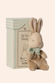 Maileg - My First Bunny - Mint - Strawberries & Cream - Ingrid Lewis - Designer
Maileg stuffed bunny toy with a bow tie in front of a branded box on a white background