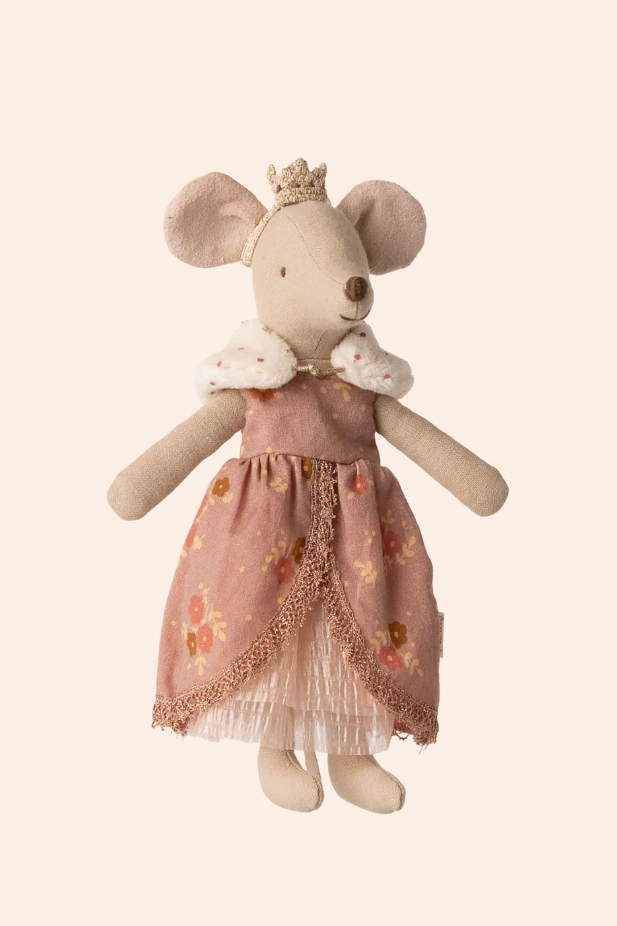 Maileg mouse toy wearing a pink dress with floral patterns and a crown 