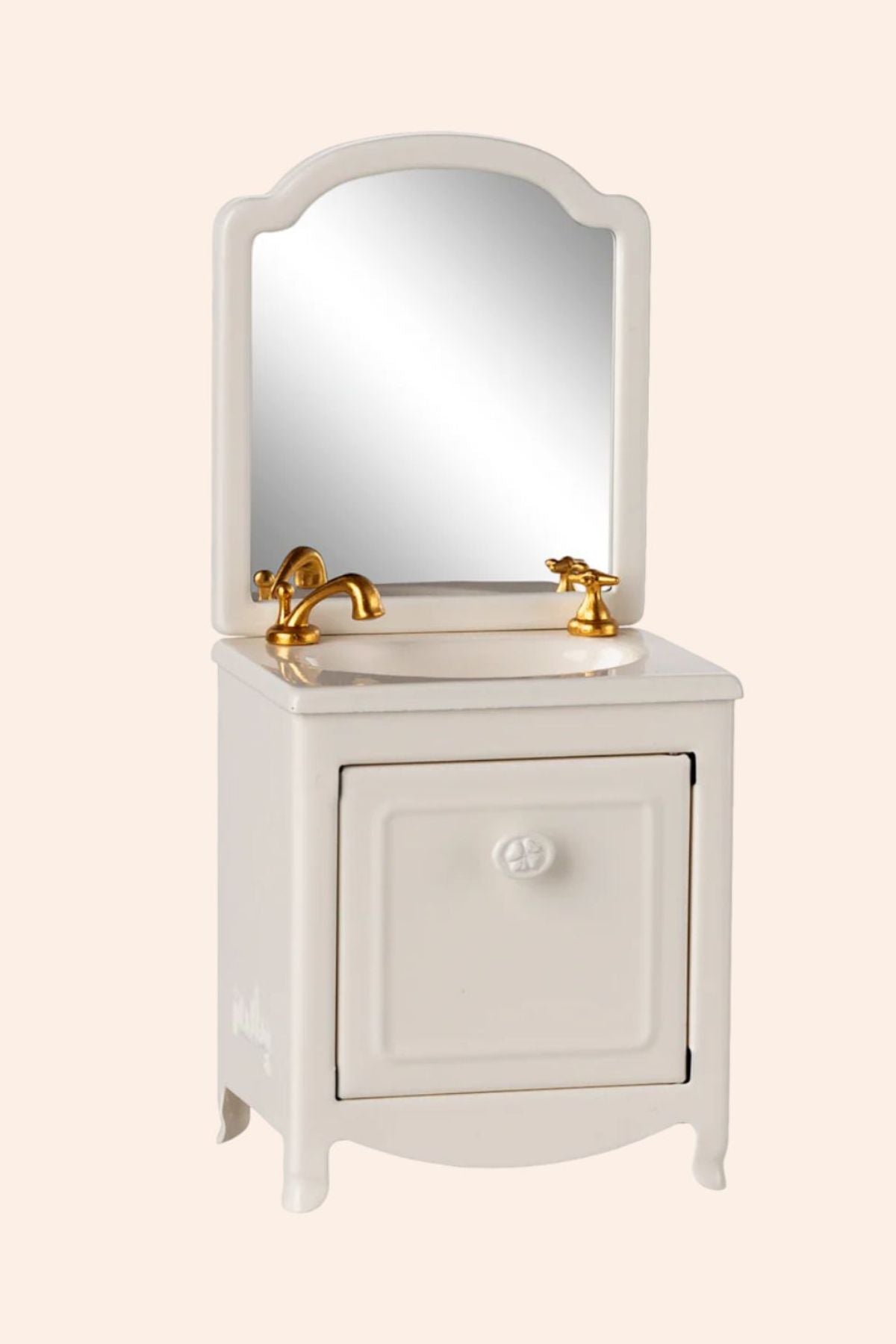 Maileg - Sink Dresser Mirror - Mouse - Powder - Strawberries & Cream - Ingrid Lewis - Designer
White bathroom vanity with mirror and gold fixtures.